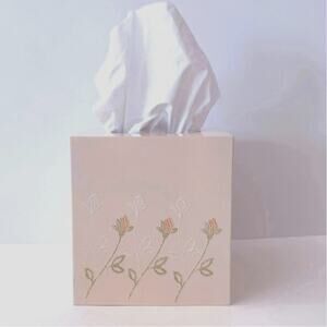 Vintage Plastic Tissue Box Cover Pink Peach Raised Orange White Flowers Japan 5”